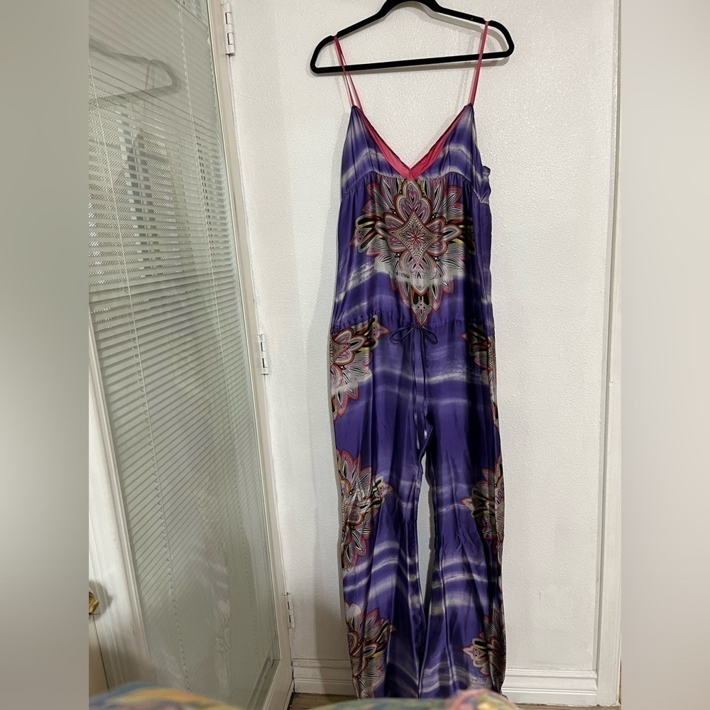 CUSTOK Barcelona size 4, 100% silk jumpsuit multicolor purple NWT